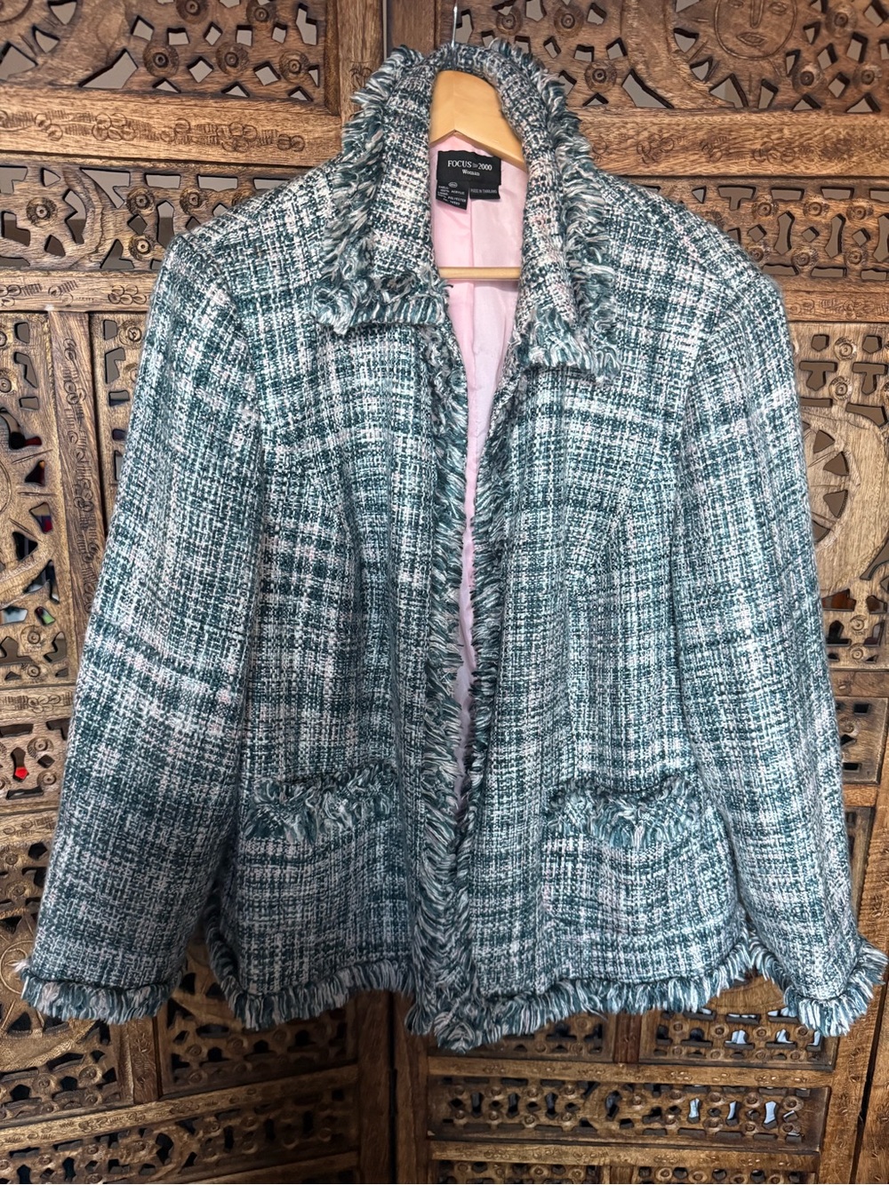 Focus 2000 Woman 20W Tweed Fringe Blazer Jacket Shoulder Pads Pink Lined